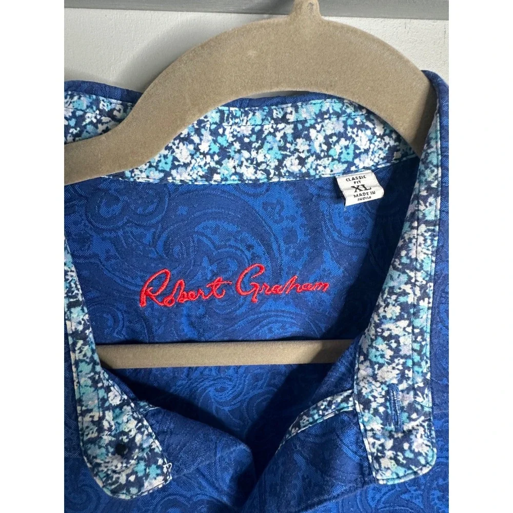 Robert Graham Mens XL Blue Paisley Jacquard Short Sleeve Button Down Shirt
